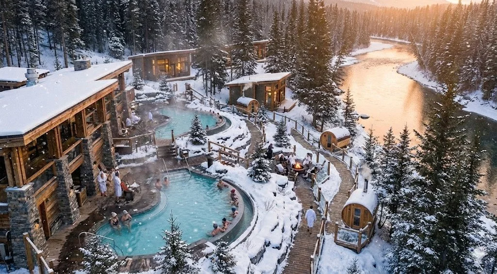 A winter scene at Golden glamping resort with two hot tubs, small cabins, trees, and a river, with people relaxing and socializing.