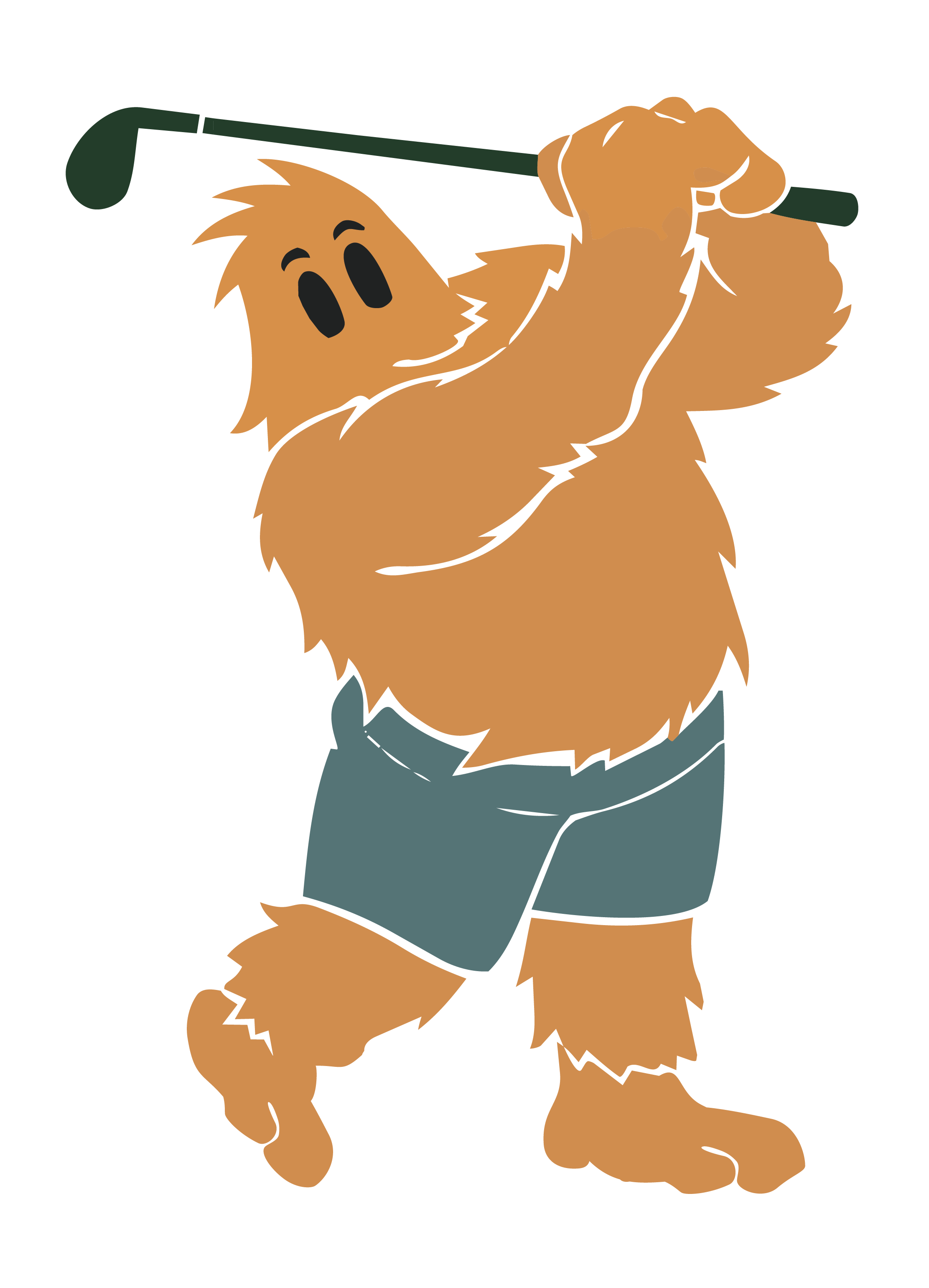 A cartoon dog with brown fur, holding a green golf club, wearing blue shorts, standing on its hind legs.