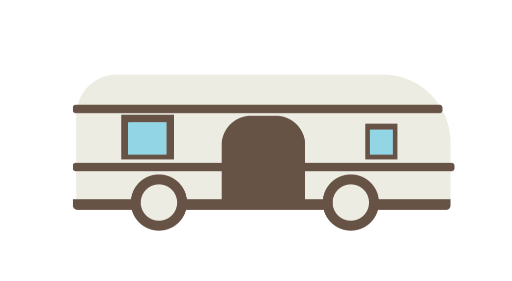 Simple illustration of a vintage camper trailer with beige and brown colors and two blue windows.