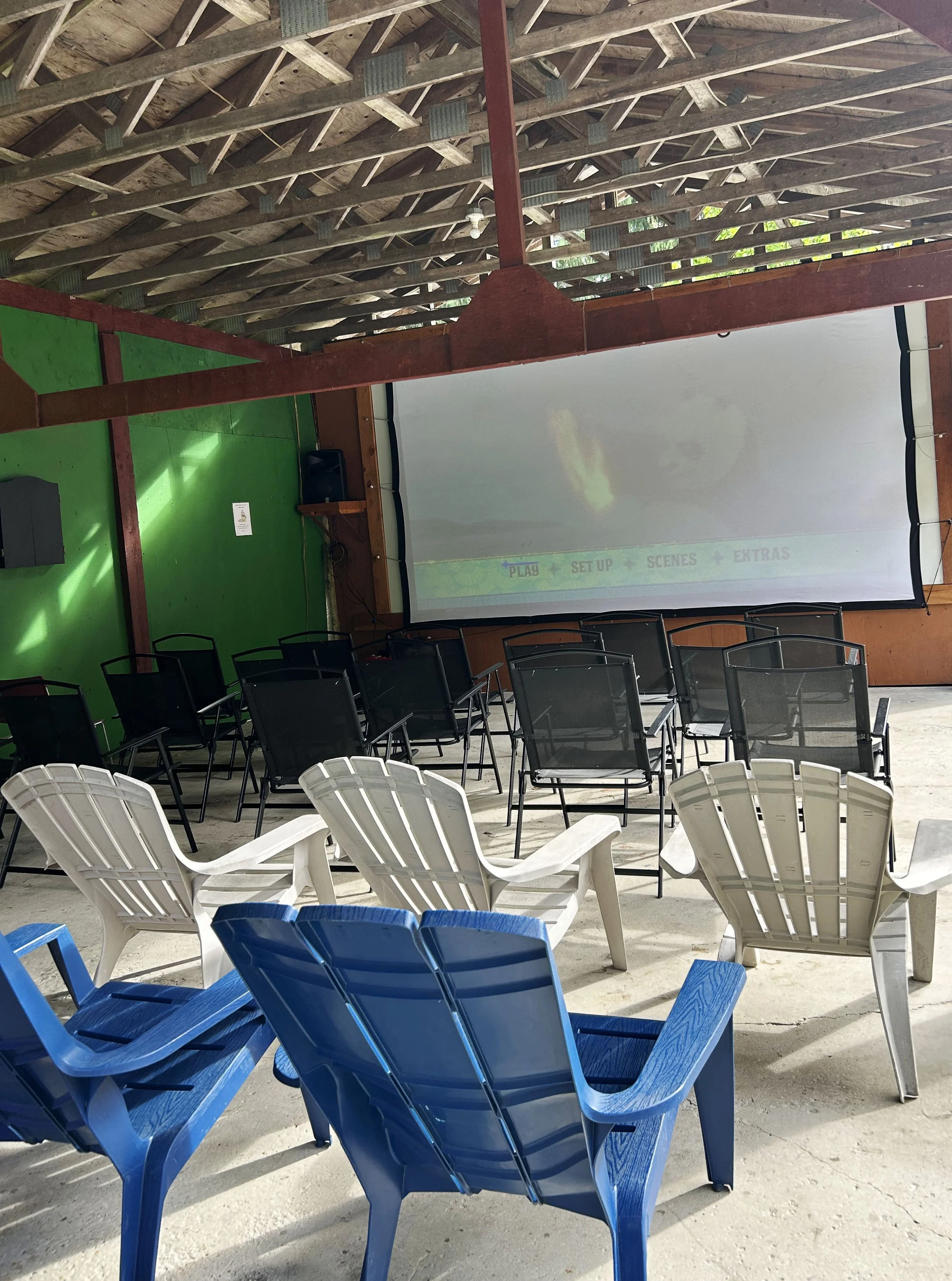 Indoor view of a movie theater or auditorium with empty chairs and a large projection screen. The chairs are blue and white, and the ceiling has a wooden structure with many beams and metal brackets. Sunlight is coming through gaps in the ceiling, il