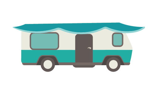Illustration of a vintage camper with teal and white colors and a curved roof.