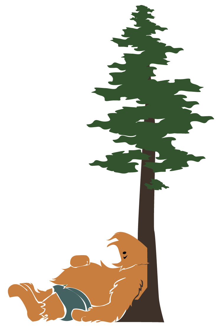 A cartoon illustration of a golden retriever dog lying on its back and leaning against a tall tall pine tree.