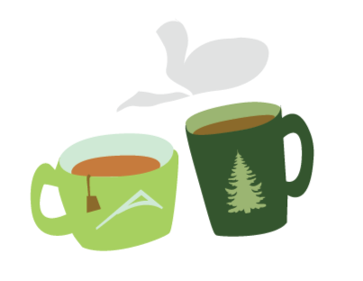 Two steaming mugs of hot beverage, one with a mint leaf and tea bag, and the other with a pine tree design, surrounded by snow-covered trees.