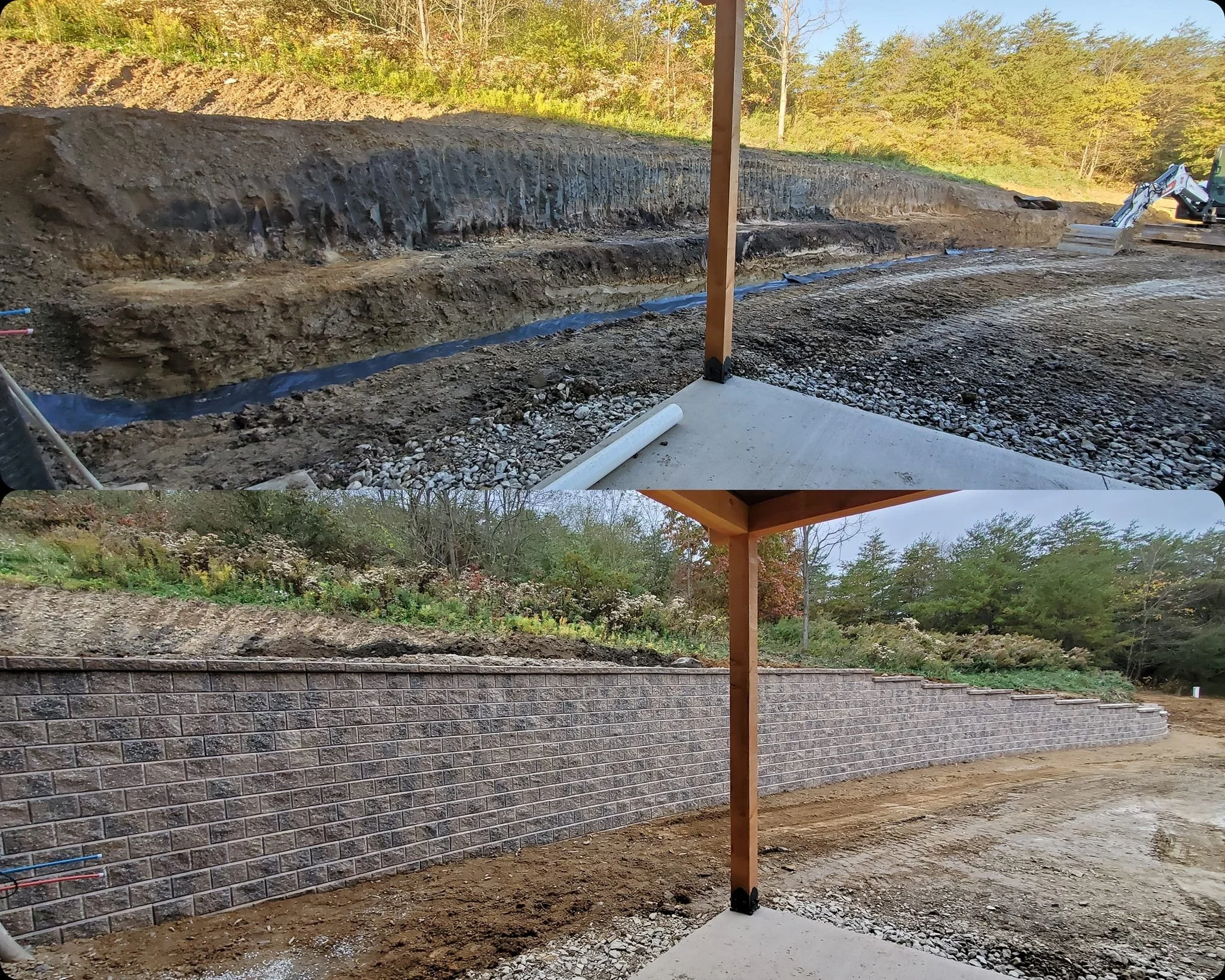 Comparison of a construction site before and after installing a retaining wall. The top image shows the area before, with exposed dirt and soil, while the bottom image shows the same area after completion with a built brick retaining wall.