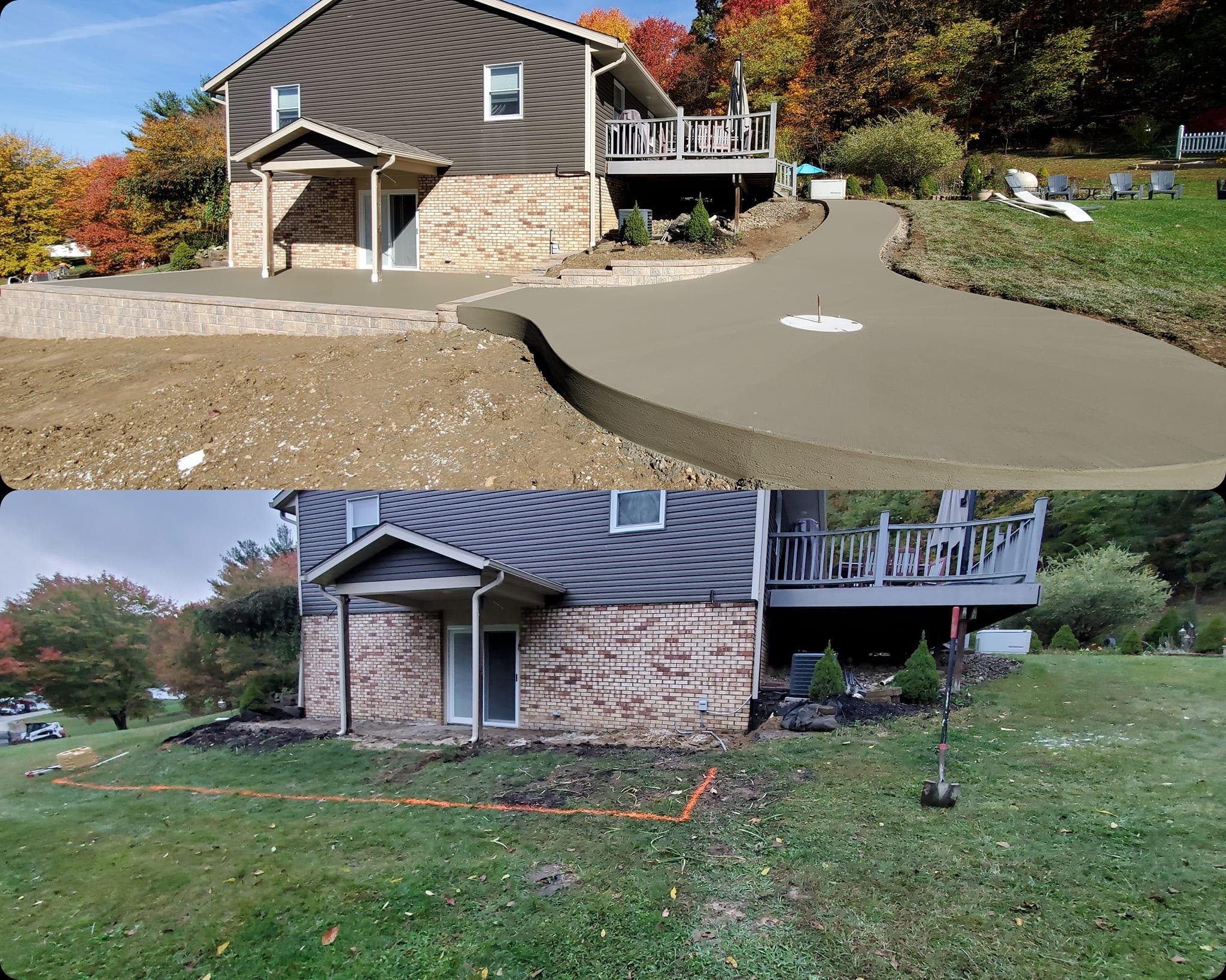 Comparison photo showing a house exterior with a new concrete patio and a newly poured concrete pathway in the top image, and the same house with resumed landscaping and construction markings in the bottom image.