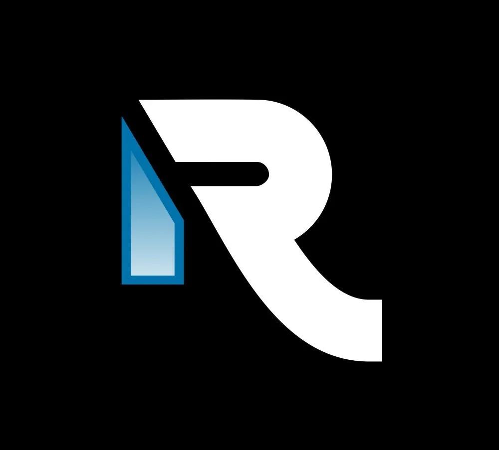 Stylized logo with a black background, featuring a large white letter R with a blue accent on the left side.