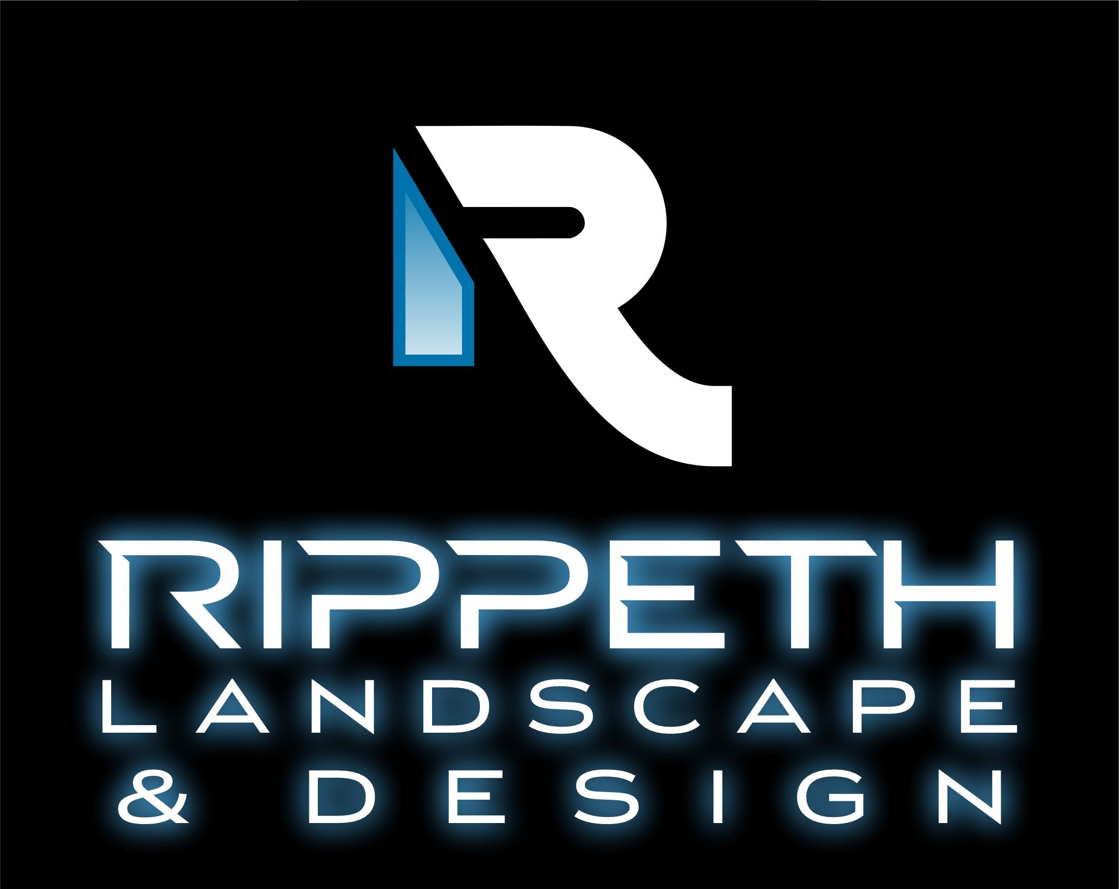 Logo of Rippeth Landscape & Design, featuring a stylized letter R with a blue and black geometric accent, and the company name in white illuminated text on a black background.