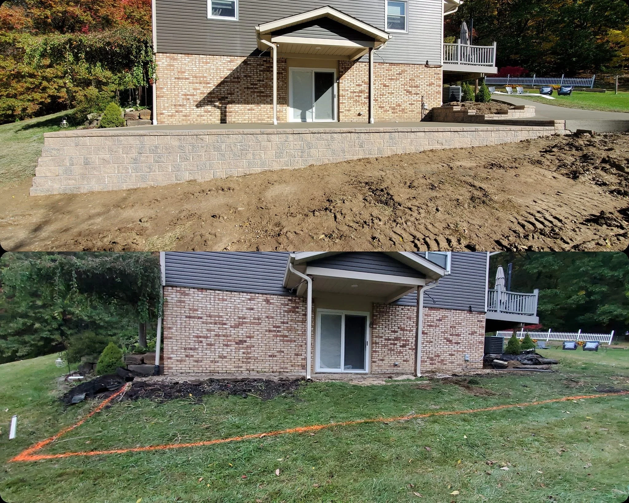 Comparison of yard landscaping before and after installation of a retaining wall and new patio area, showing dirt area in the front yard with an orange boundary and new brick retaining wall with stairs, with a house in the background.
