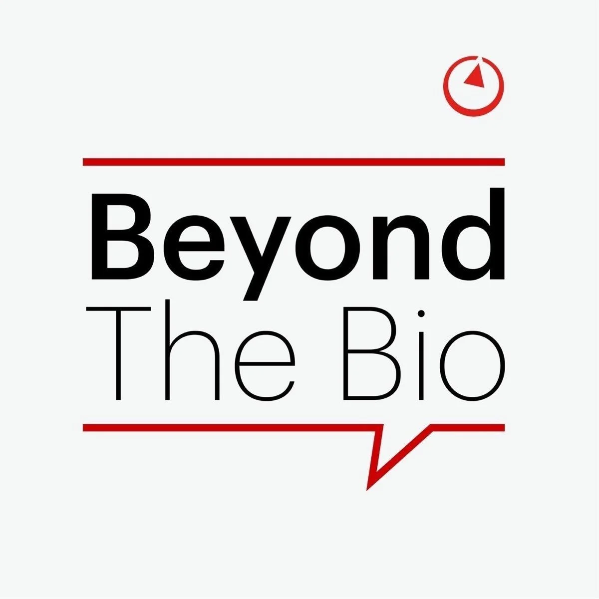 Logo for 'Beyond The Bio' with red stylized clock and red speech bubble.