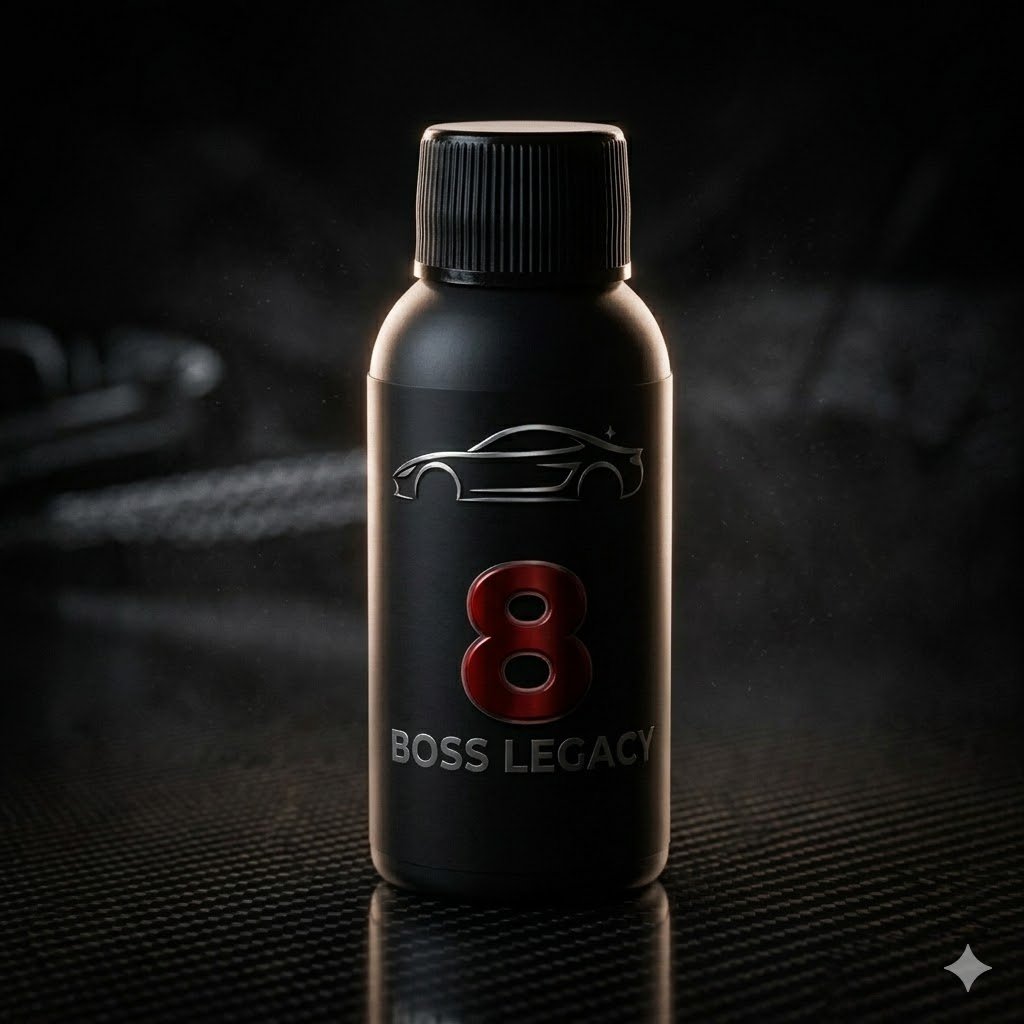A black spray can with a car outline and the number 8, labeled Boss Legacy, placed on a textured surface in low light.
