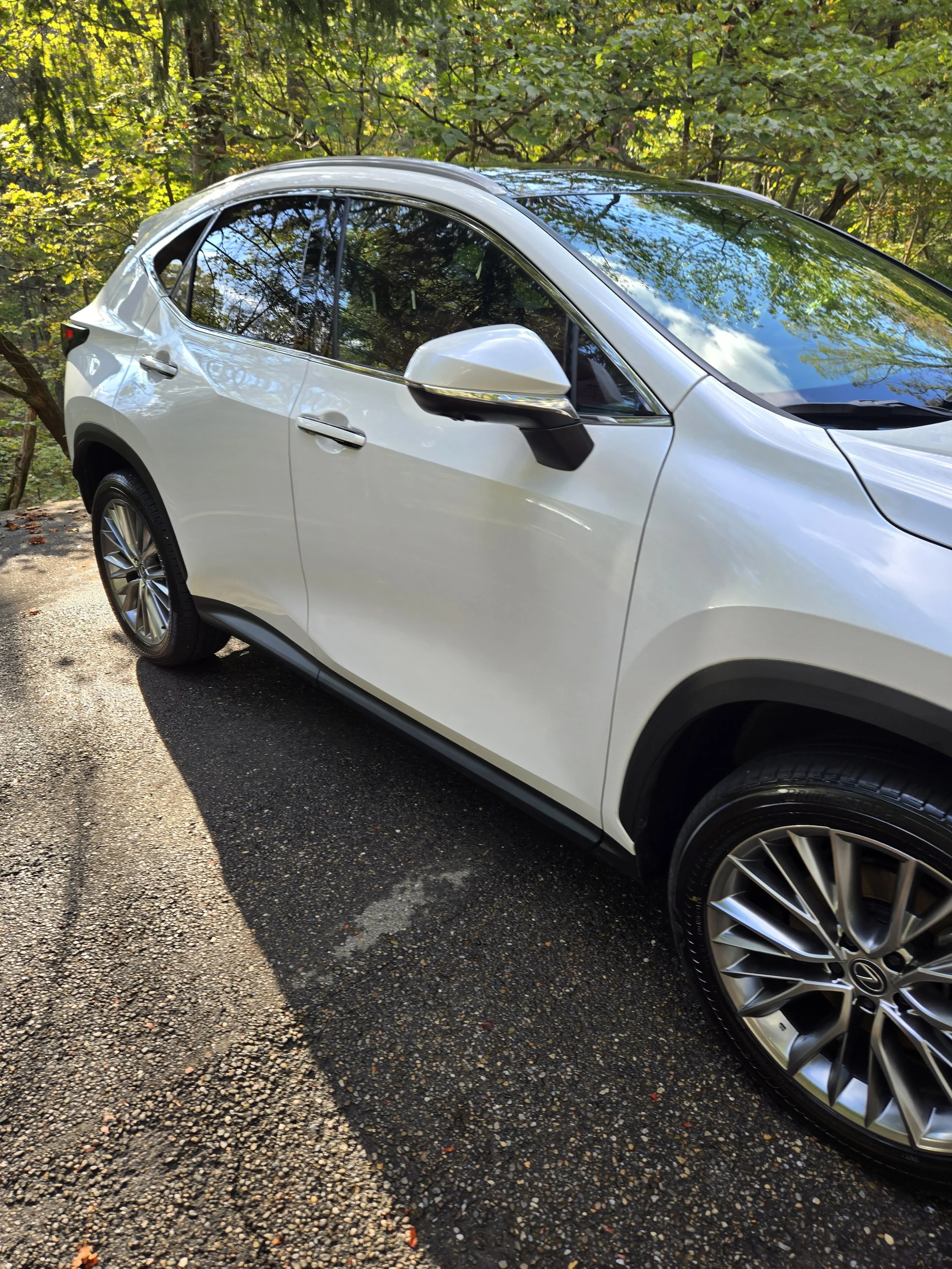 A white SUV parked on a gravel surface with trees and foliage in the background, reflecting clouds and the sky on its windshield.