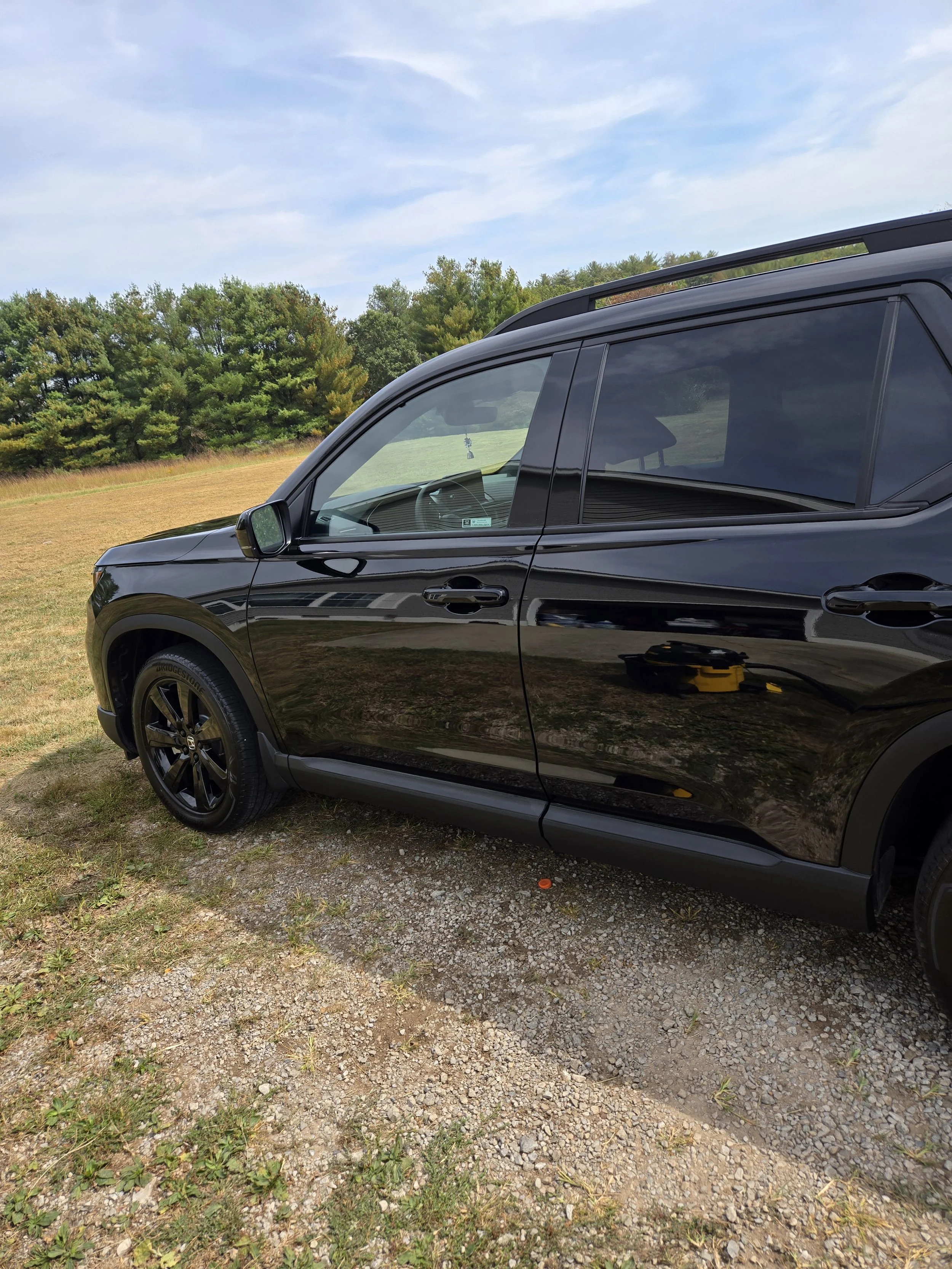 A black SUV parked on a grassy field with trees and a partly cloudy sky in the background.