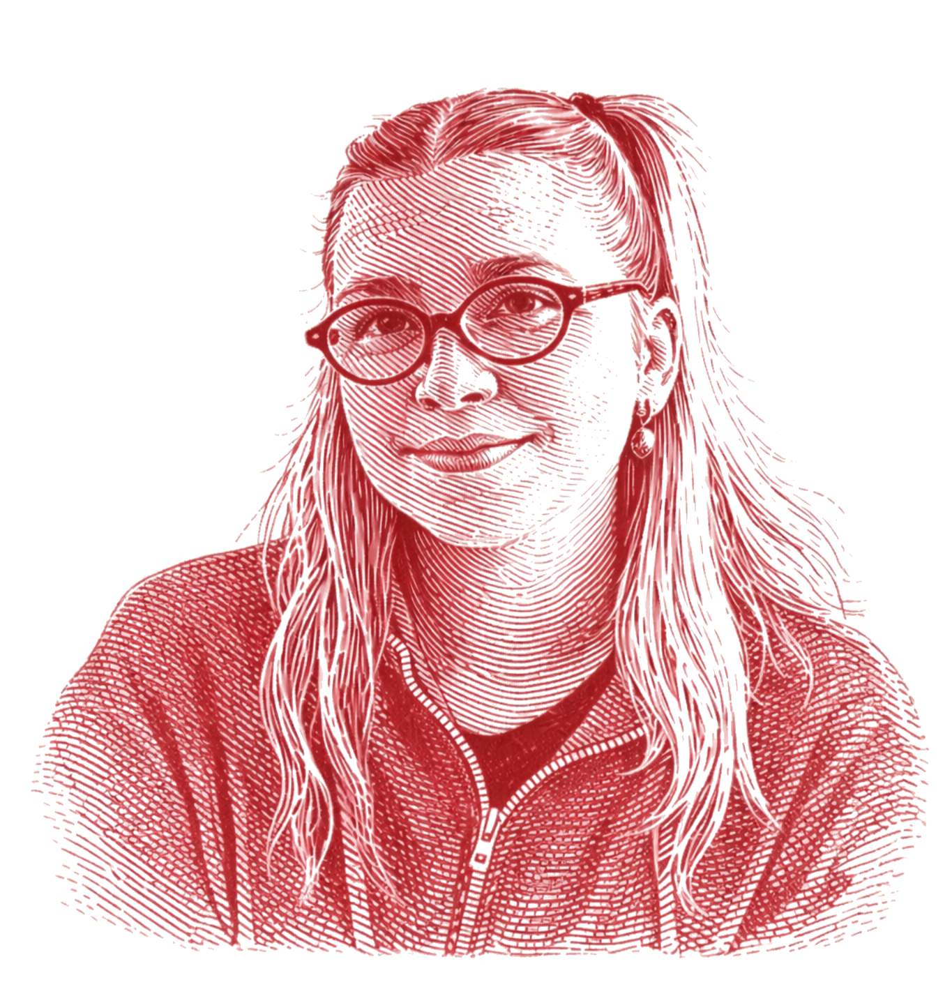 Line drawing of a woman with glasses, long hair, wearing a zip-up jacket, smiling.