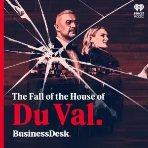 Book cover titled 'The Fall of the House of Du Val' by BusinessDesk, featuring a man and woman with a shattered glass effect.