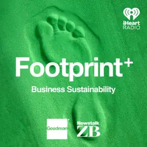 Green textured surface with a footprint and text promoting Footprint+ and business sustainability, including logos for iHeart Radio, Goodman, and Newstalk ZB.