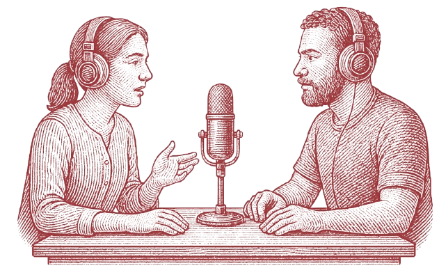 Two people, a woman and a man, wearing headphones, are sitting at a table with a microphone between them, appearing to be recording a podcast or radio show.