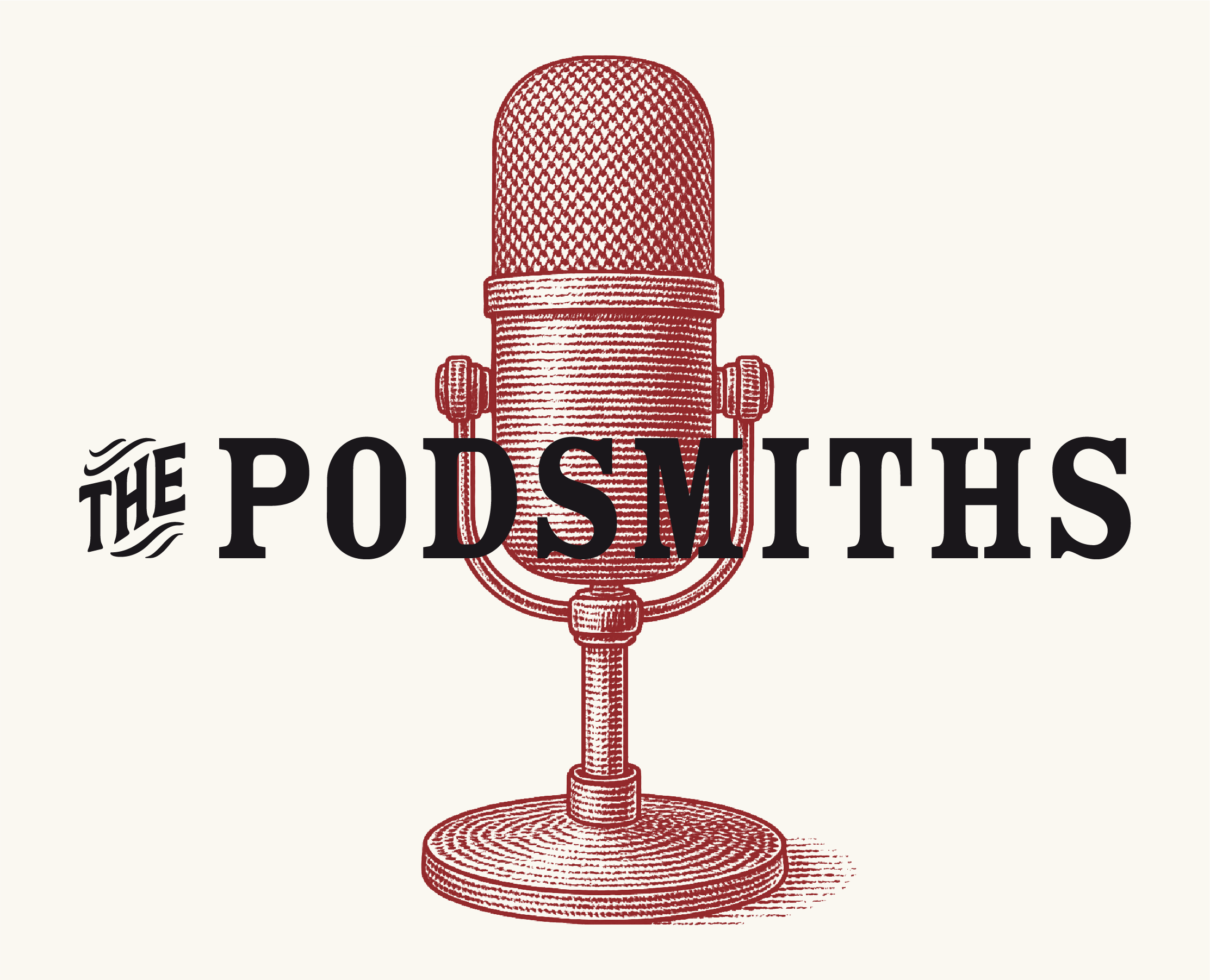 A vintage-style microphone with the words "The Podsmiths" overlayed, used for podcast branding.