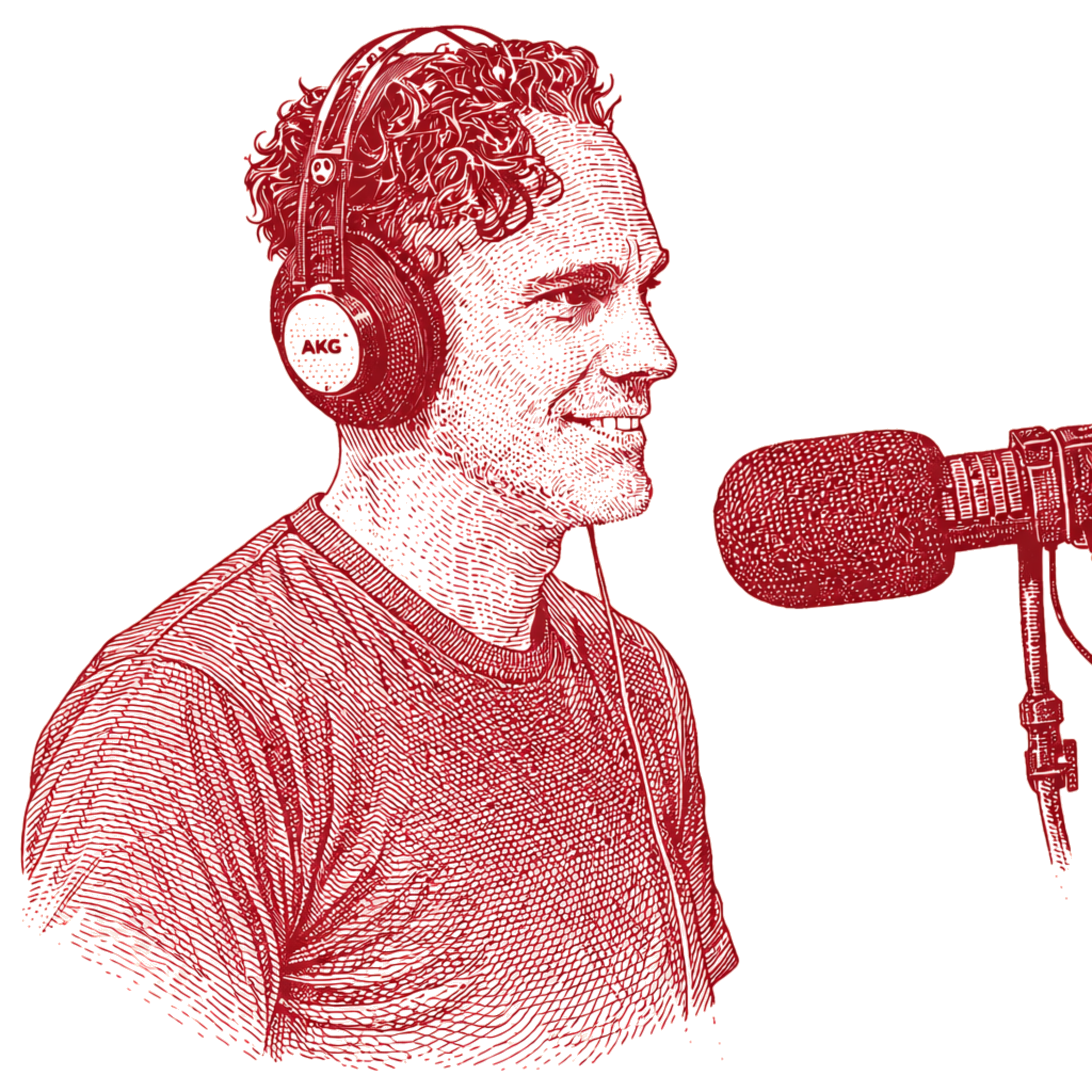 Illustration of a man with curly hair wearing headphones and speaking into a microphone.