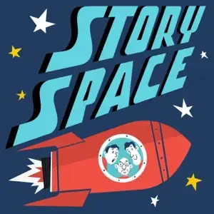 Illustration of a red spaceship with three children inside, flying through space with stars around and the text 'Story Space' displayed above.