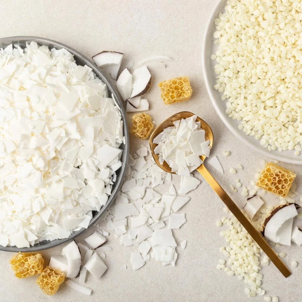 Assorted white and beige chocolates, diced coconut, honeycomb pieces, and white chocolate chips on a light surface.