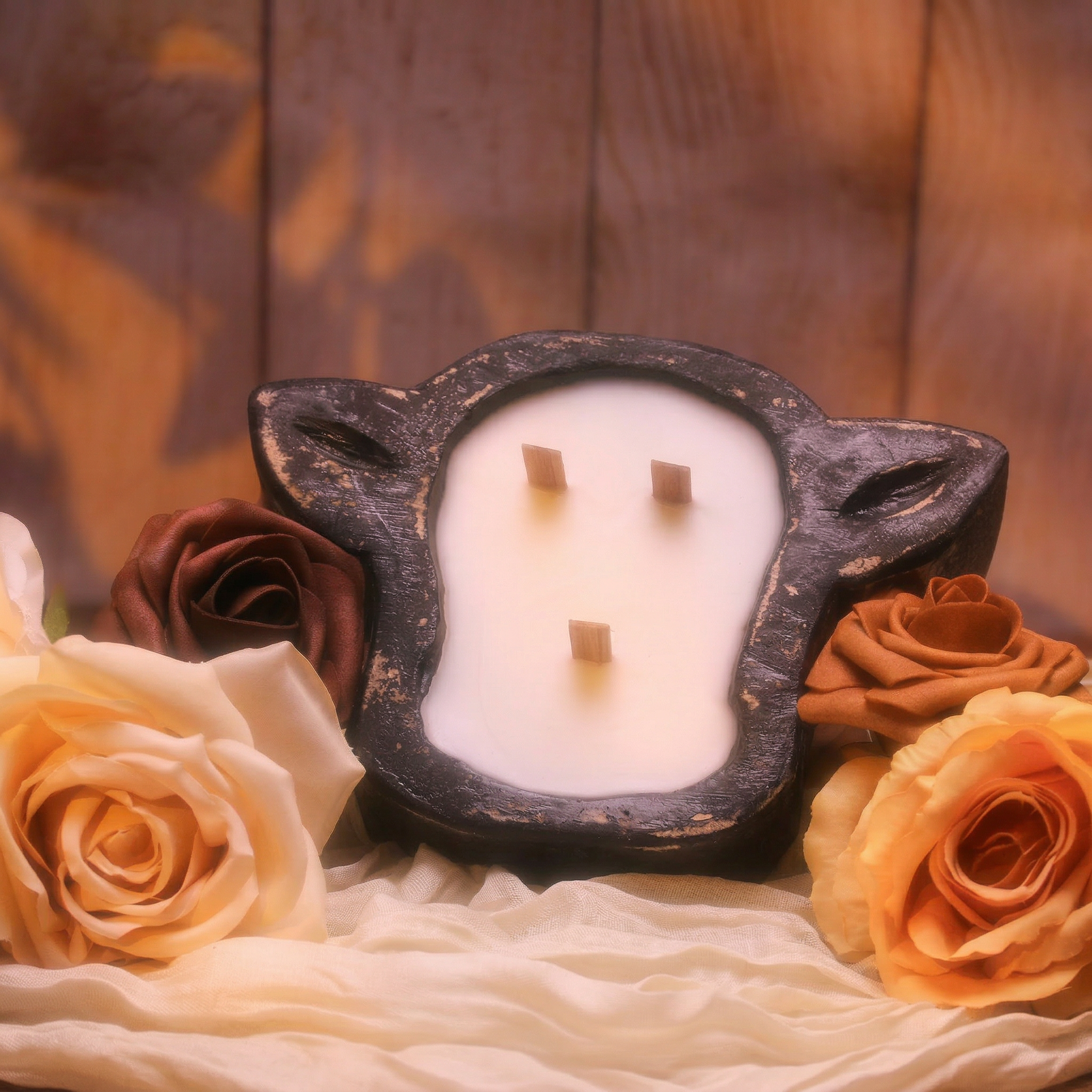 Rustic Cow Wooden Candle Bowl staged