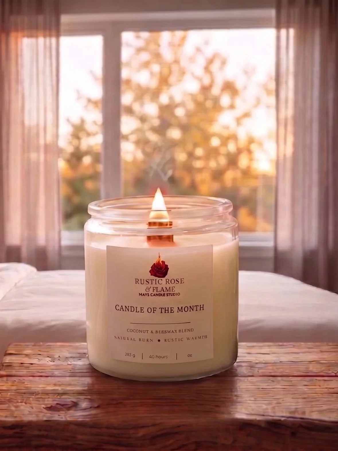 A lit candle in a glass jar on a wooden surface, with a window and autumn trees in the background.