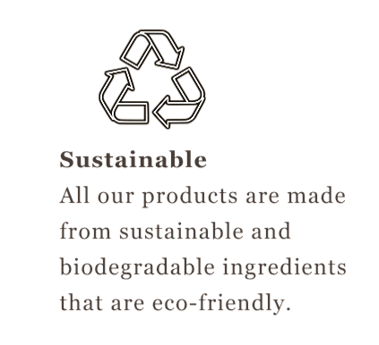 Sustainable recycling symbol with text emphasizing eco-friendly, biodegradable ingredients and products.