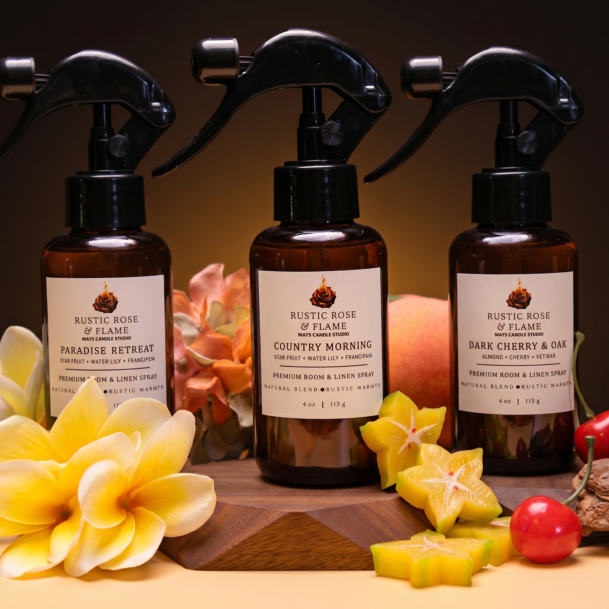 Three black spray bottles labeled "Rustic Rose & Flame," "Country Morning," and "Dark Cherry & Oak" positioned on a wooden surface surrounded by flowers and fruit-shaped soap or wax pieces.