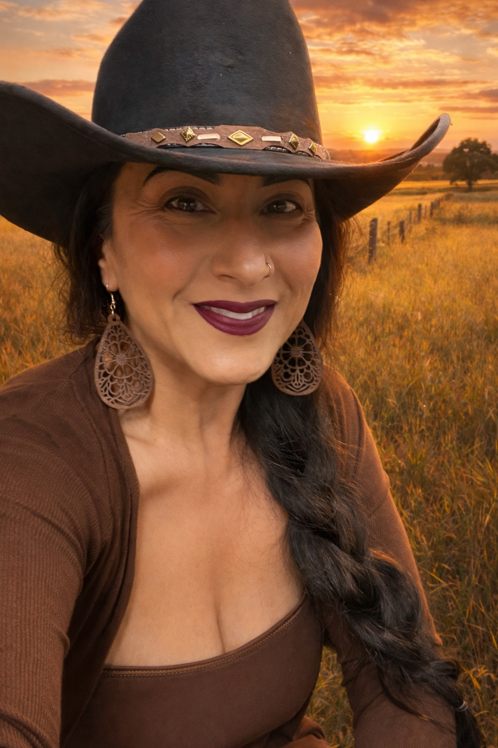 A woman wearing a black cowboy hat with metal accents, large cut-out earrings, and a brown top, smiling at sunset in a grassy field.