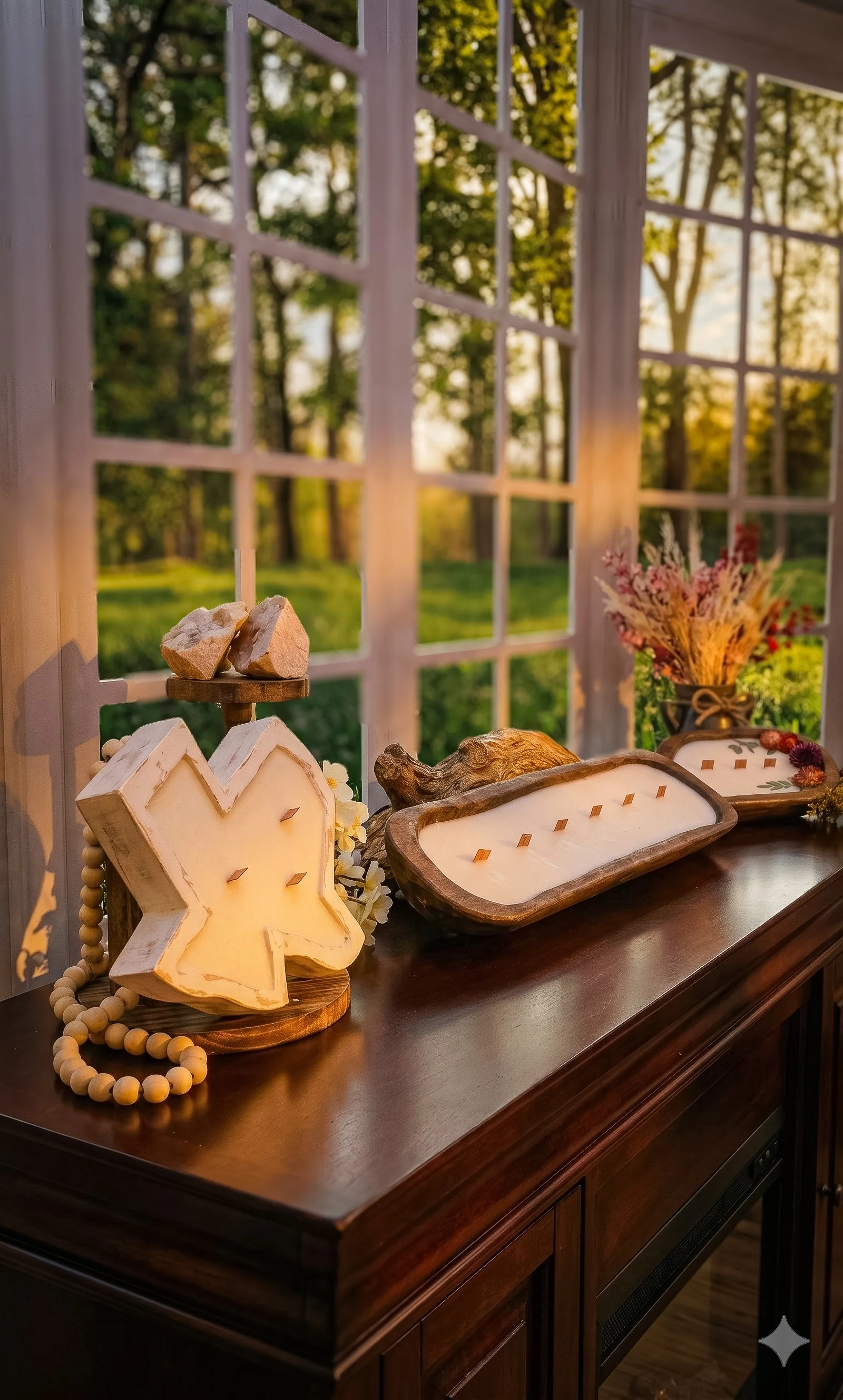 Decorative items on a wooden table in front of a large window showing trees and sunlight. Items include a Texas-shaped candle, a small wooden table with rocks, a vase with dried flowers, and wooden dough bowl candles.