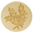 Gold embroidered design of stylized plant or leaf pattern on a circular background.