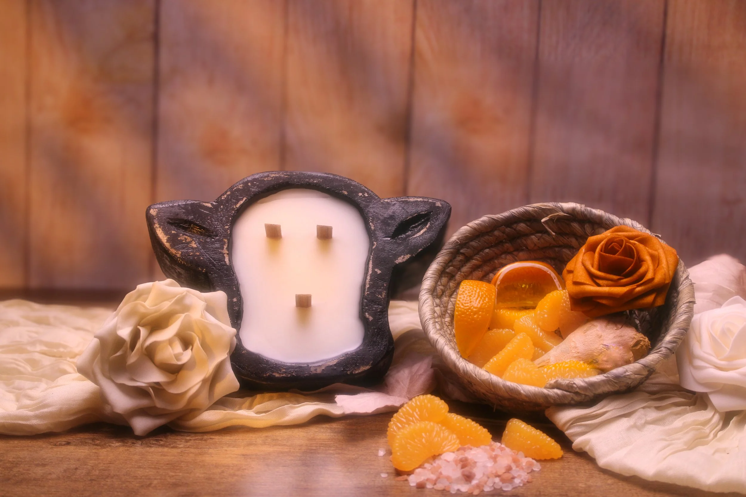 Rustic Cow Wooden Candle Bowl Lifestyle