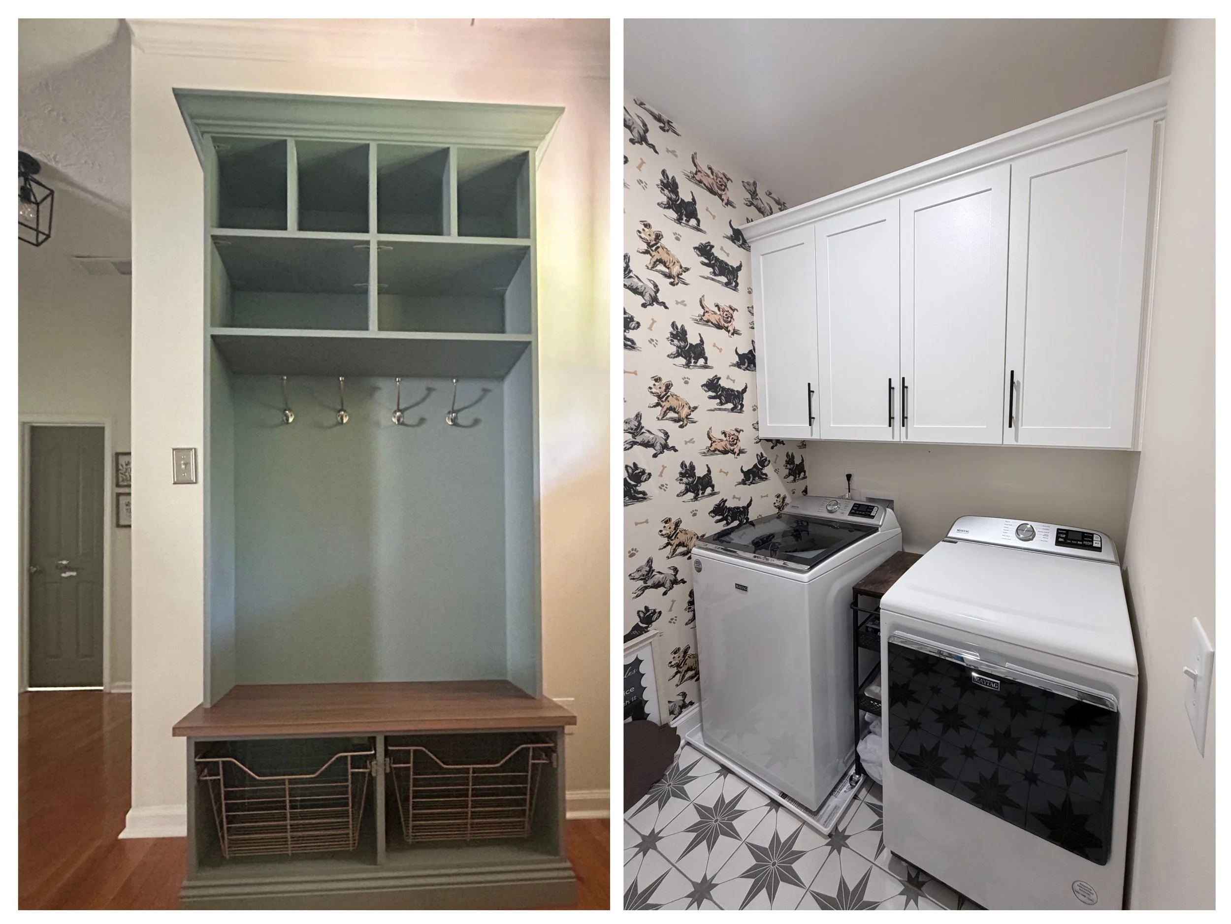 Side-by-side comparison of a laundry area before and after renovation. The left shows an empty built-in storage space with hooks and wire baskets, painted in light color. The right features a modern laundry room with white cabinets, patterned wallpaper with dog illustrations, and front-loading washer and dryer.