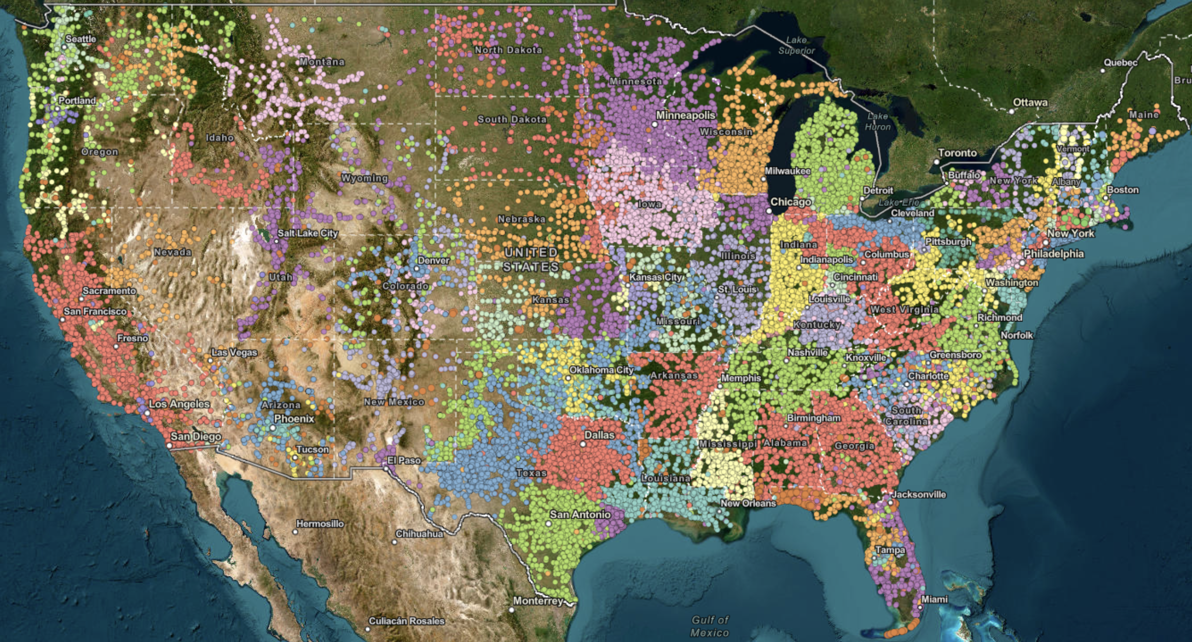 Color-coded map of the United States showing various data points across different states, with labels of major cities and geographic features.