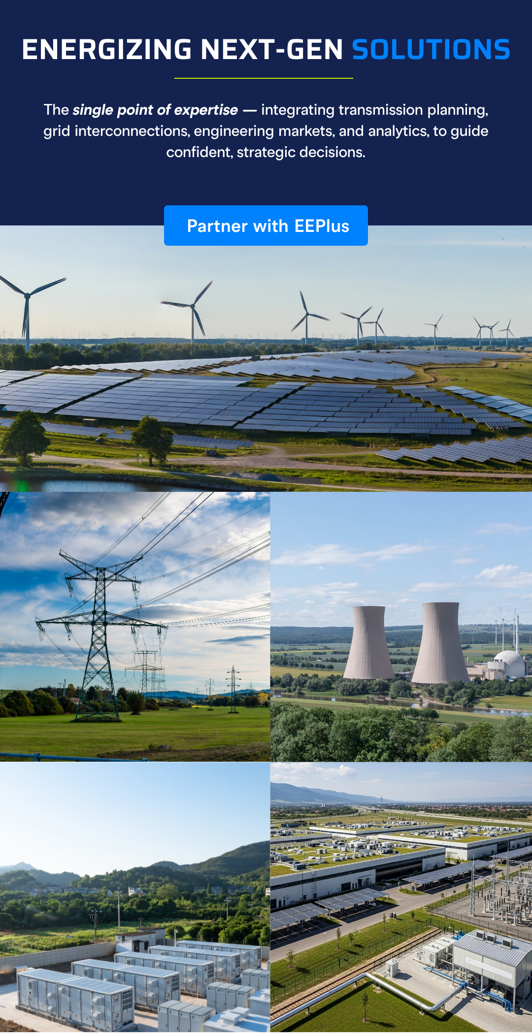 Images of renewable energy sources, including wind turbines, solar panels, and nuclear power plants, highlighting advanced energy solutions.