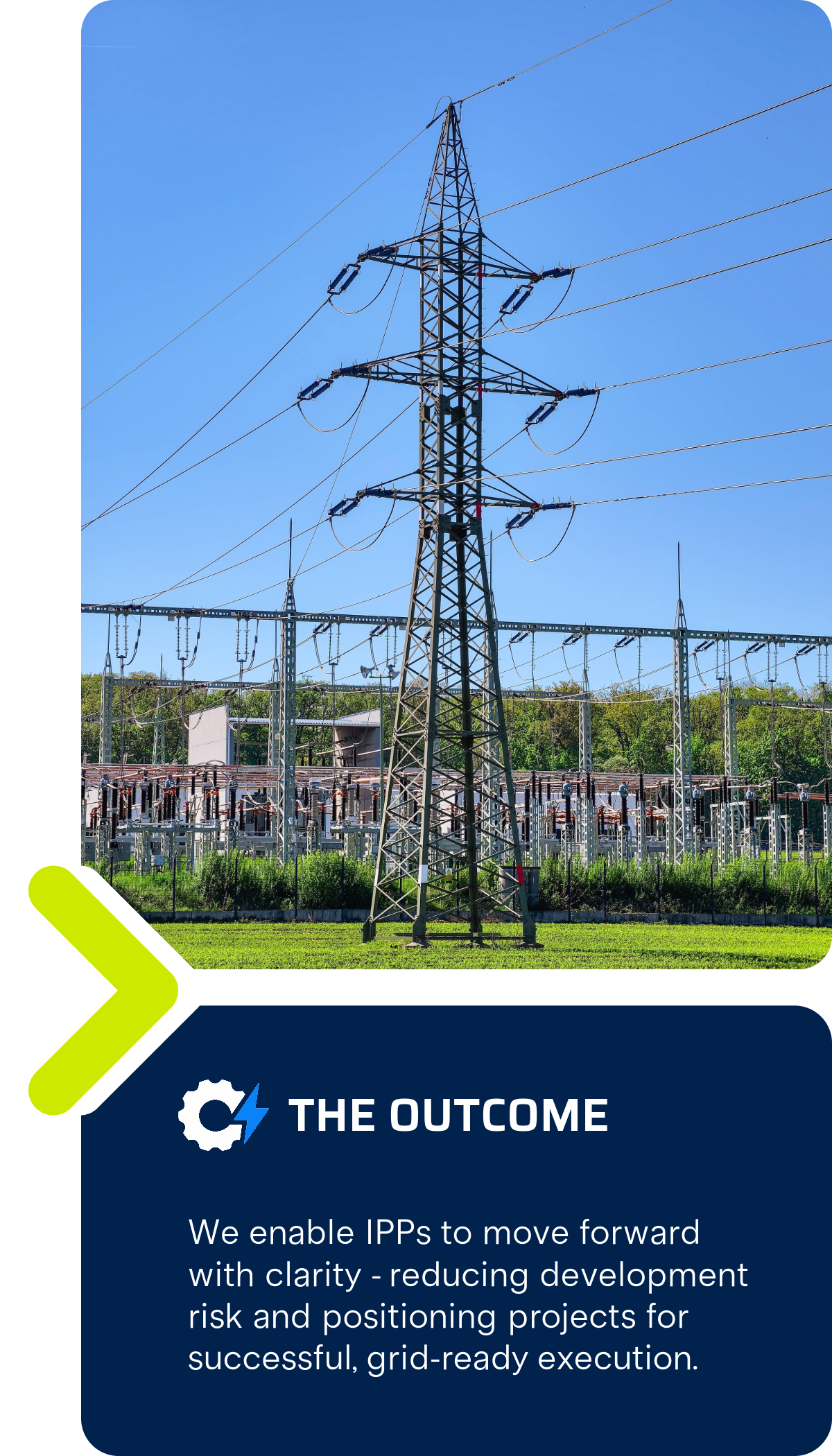 Electric power transmission tower in a power substation with blue sky background.