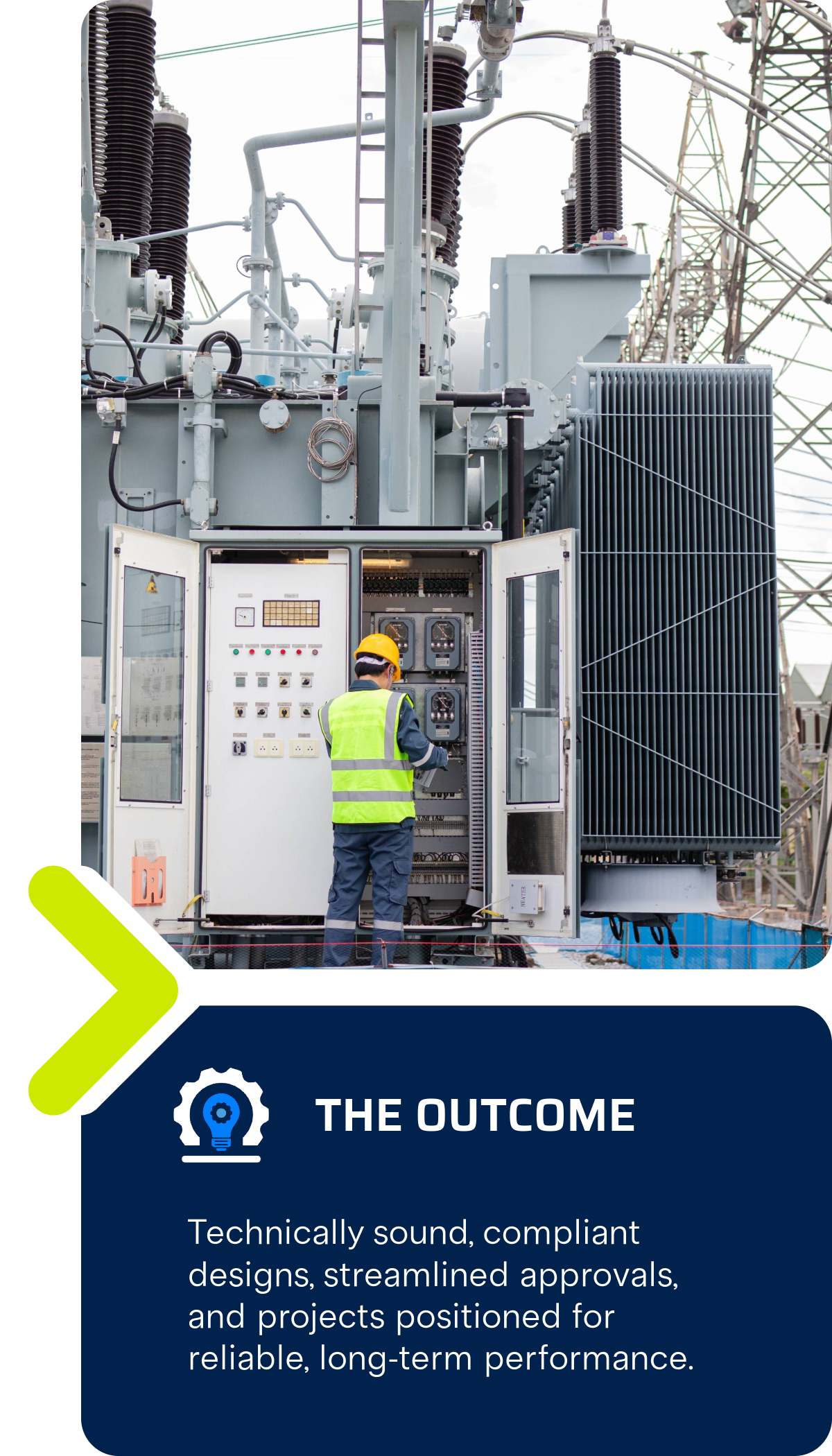 A worker wearing a yellow safety helmet and high-visibility vest inspecting electrical equipment at an outdoor substation with power lines and electrical transformers nearby.