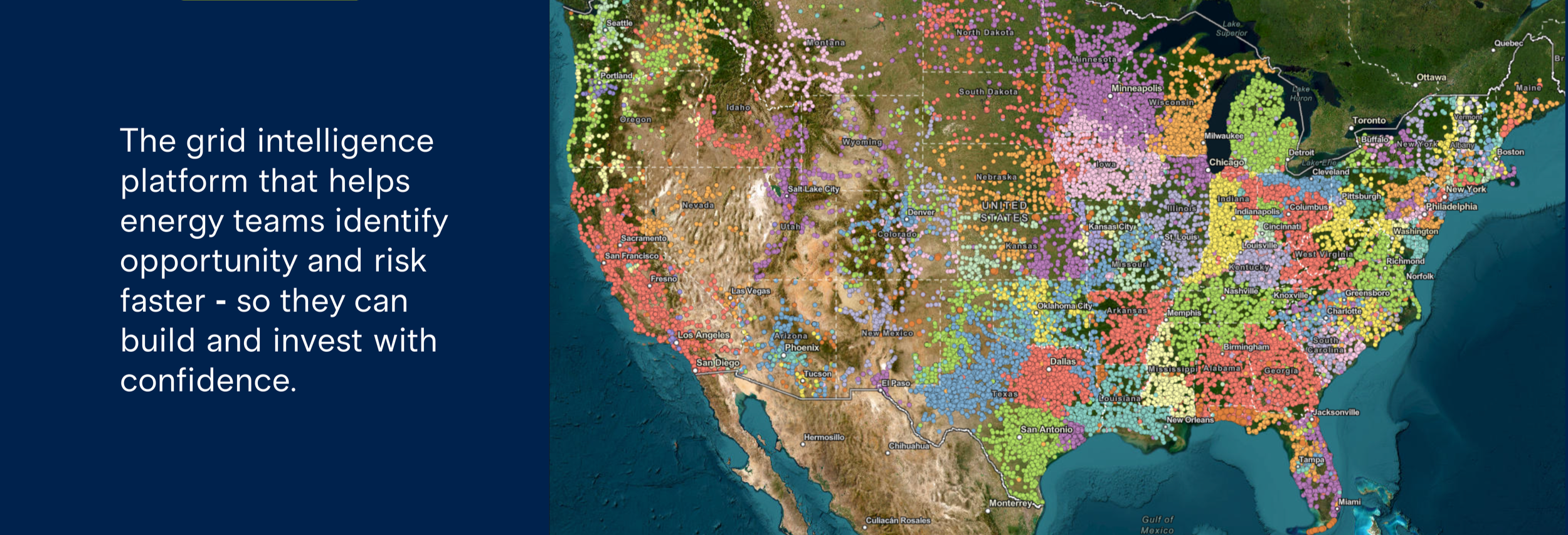 A colorful map of the United States with dots representing energy opportunities and risks across different states, paired with a text overlay explaining the grid intelligence platform's purpose.
