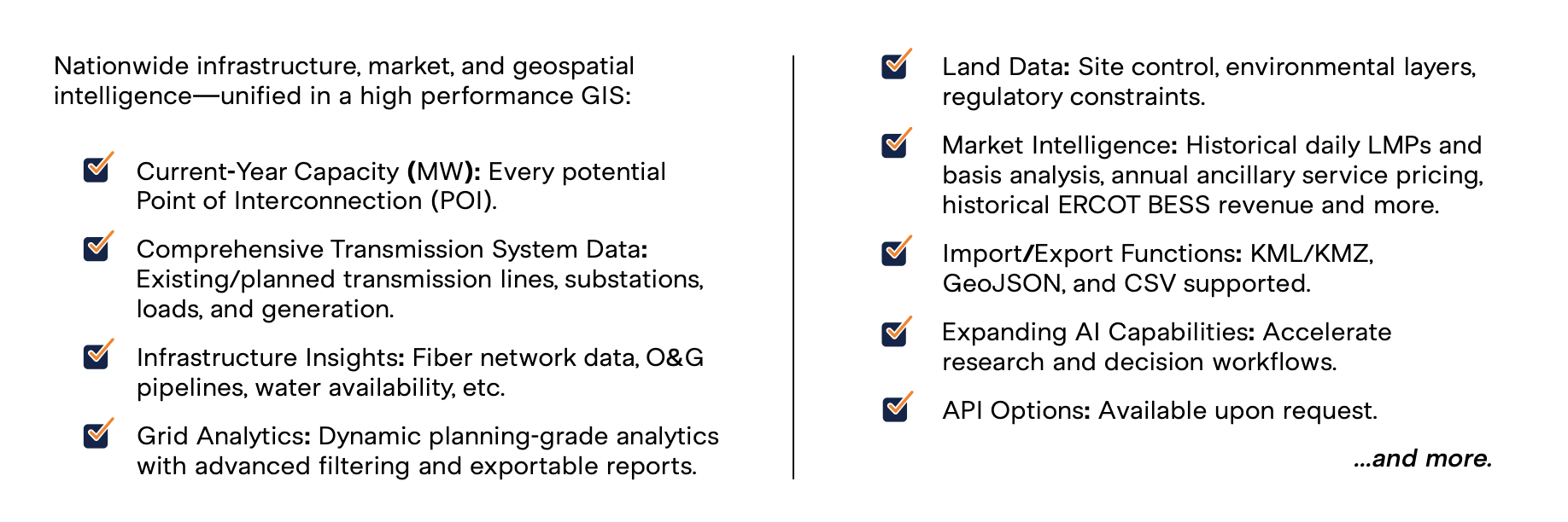 Text describing nationwide infrastructure, market, and geospatial intelligence in a high performance GIS, including current capacity, transmission system data, infrastructure insights, grid analytics, land data, market intelligence, import/export functions, expanding AI capabilities, and API options, with checkmarks next to each feature.