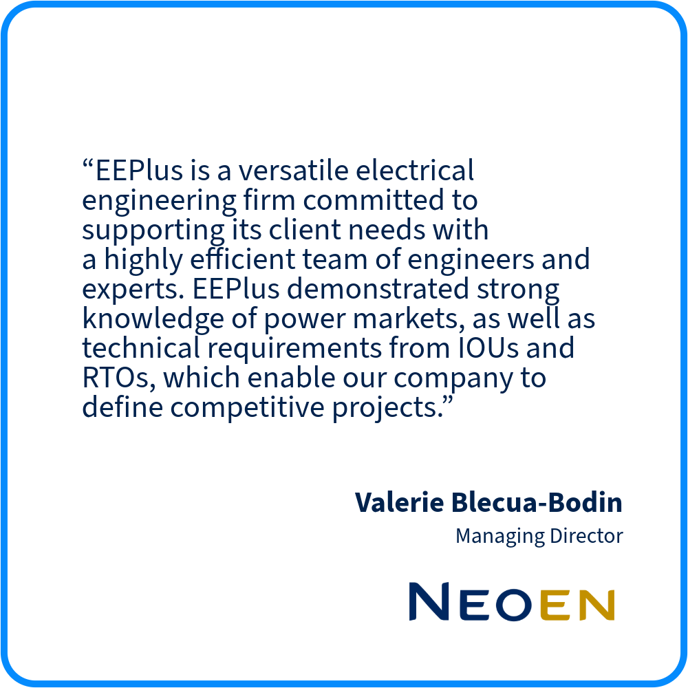 A quote about EEPlus and its engineering services, attributed to Valerie Blecua-Bodin, Managing Director, with the NEON logo at the bottom right.