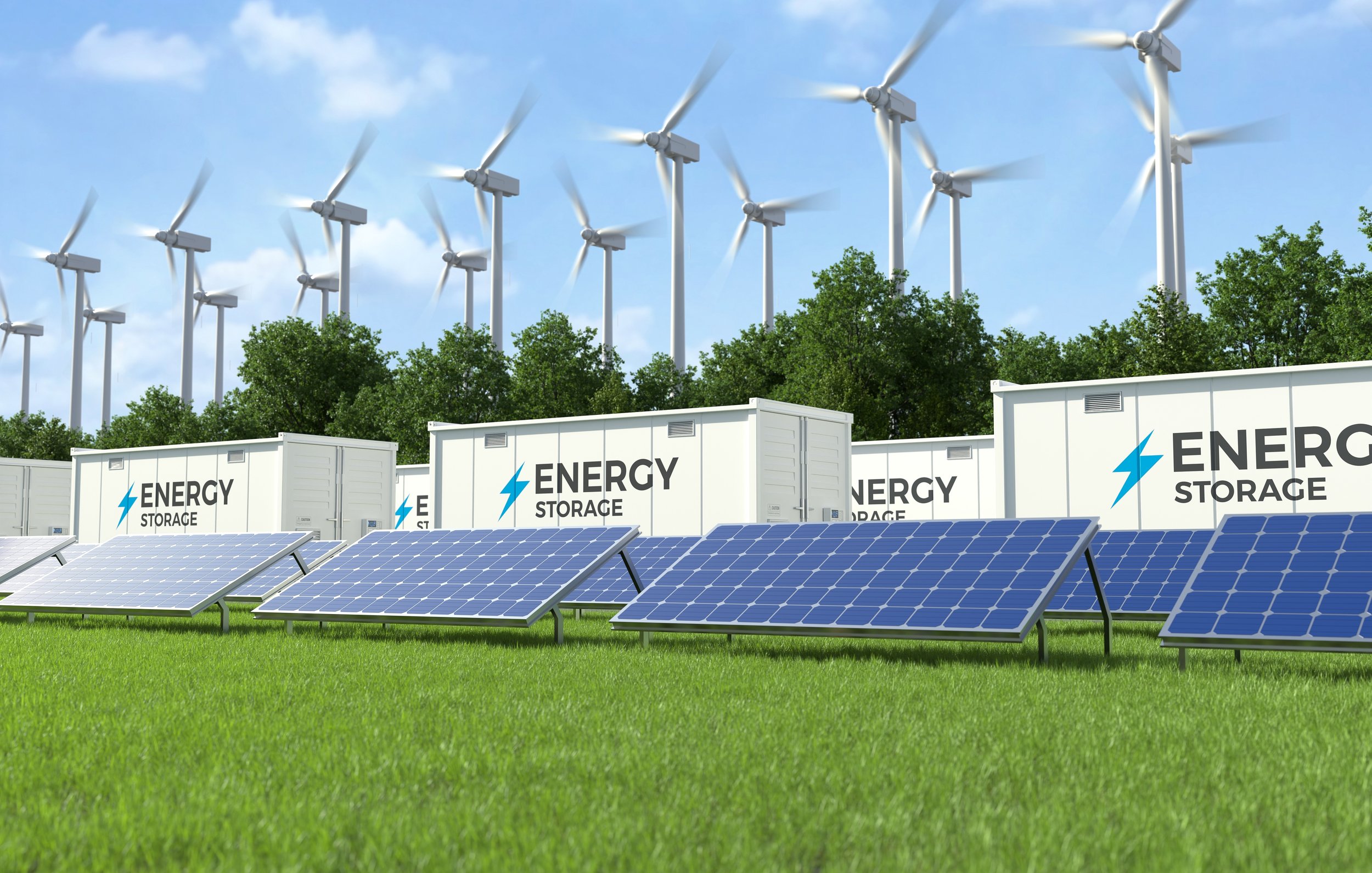 Renewable energy site with solar panels in the foreground and wind turbines in the background, along with white energy storage containers labeled 'Energy Storage'.