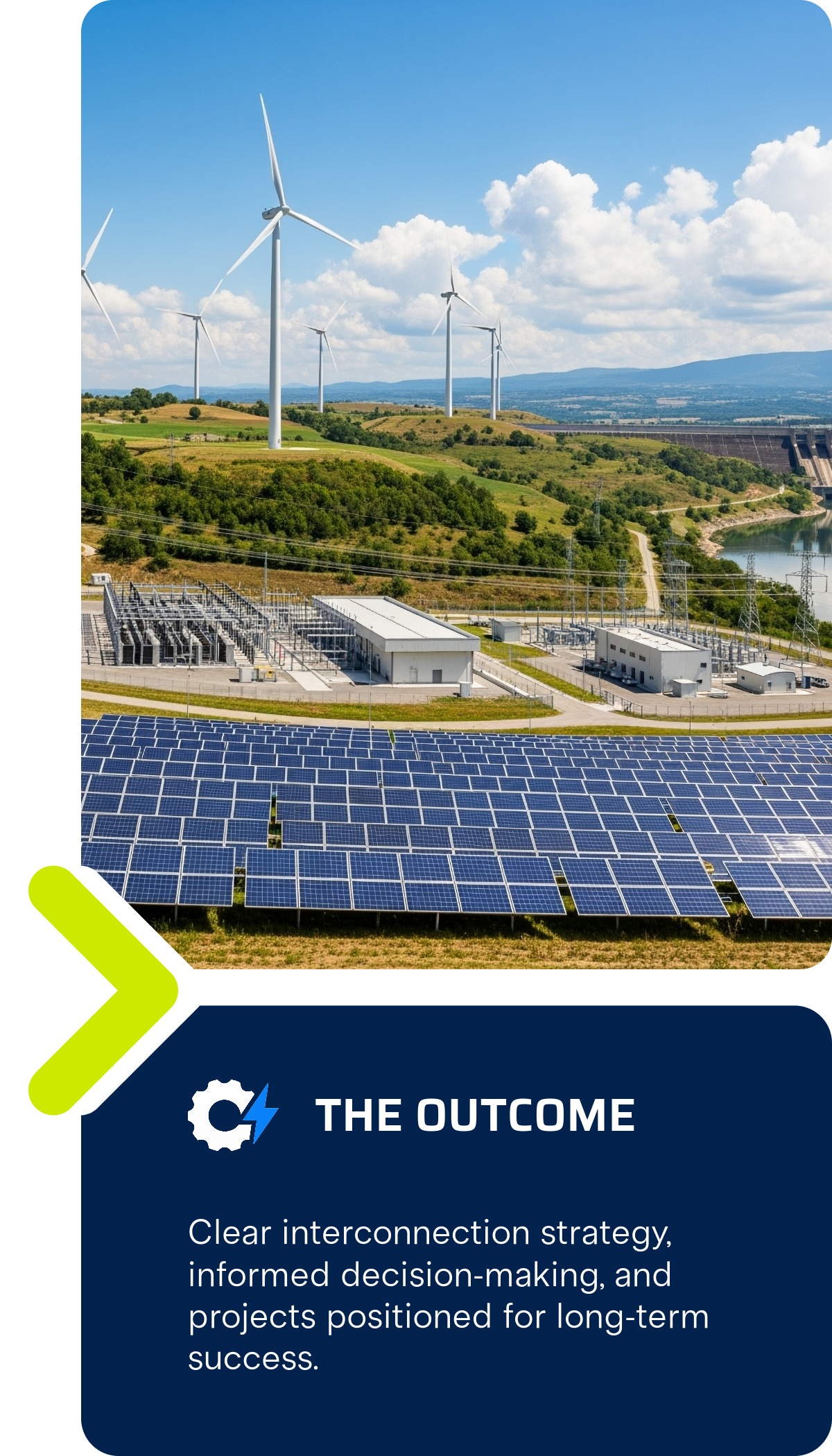 Photograph of a renewable energy facility with solar panels in the foreground, wind turbines in the background, and a blue sky with clouds.
