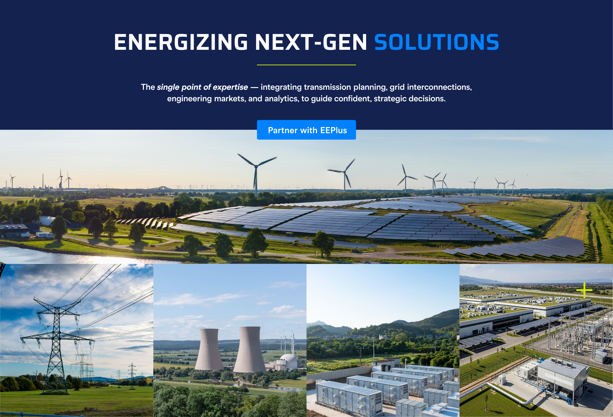 A collage of images depicting various sources of renewable and non-renewable energy, including wind turbines, solar panels, power lines, and nuclear cooling towers.