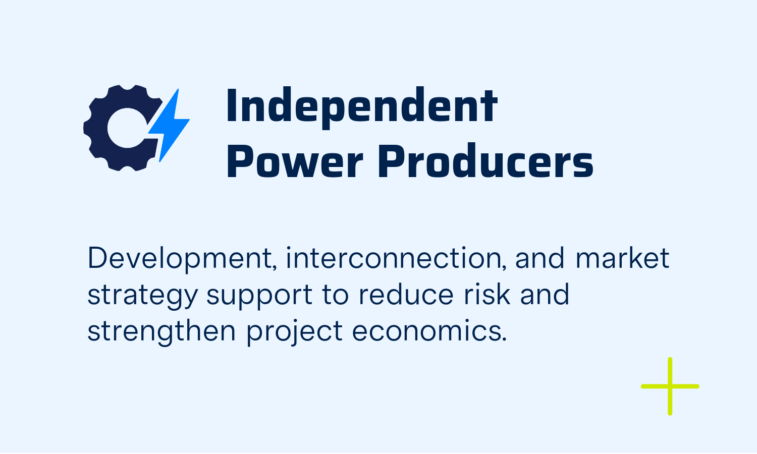 Logo of a gear with a lightning bolt and the text 'Independent Power Producers'. Below is a description: 'Development, interconnection, and market strategy support to reduce risk and strengthen project economics.'