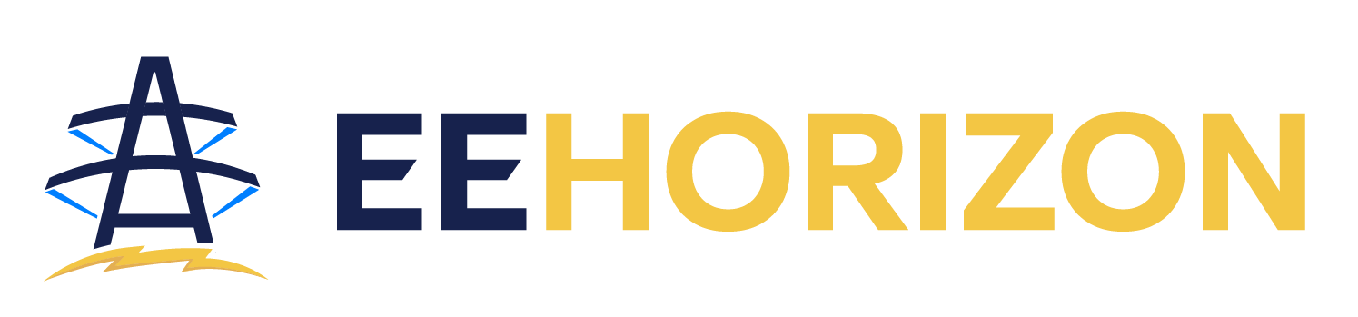 Logo with a stylized electric power tower and the text 'EEHORIZON' in blue and yellow