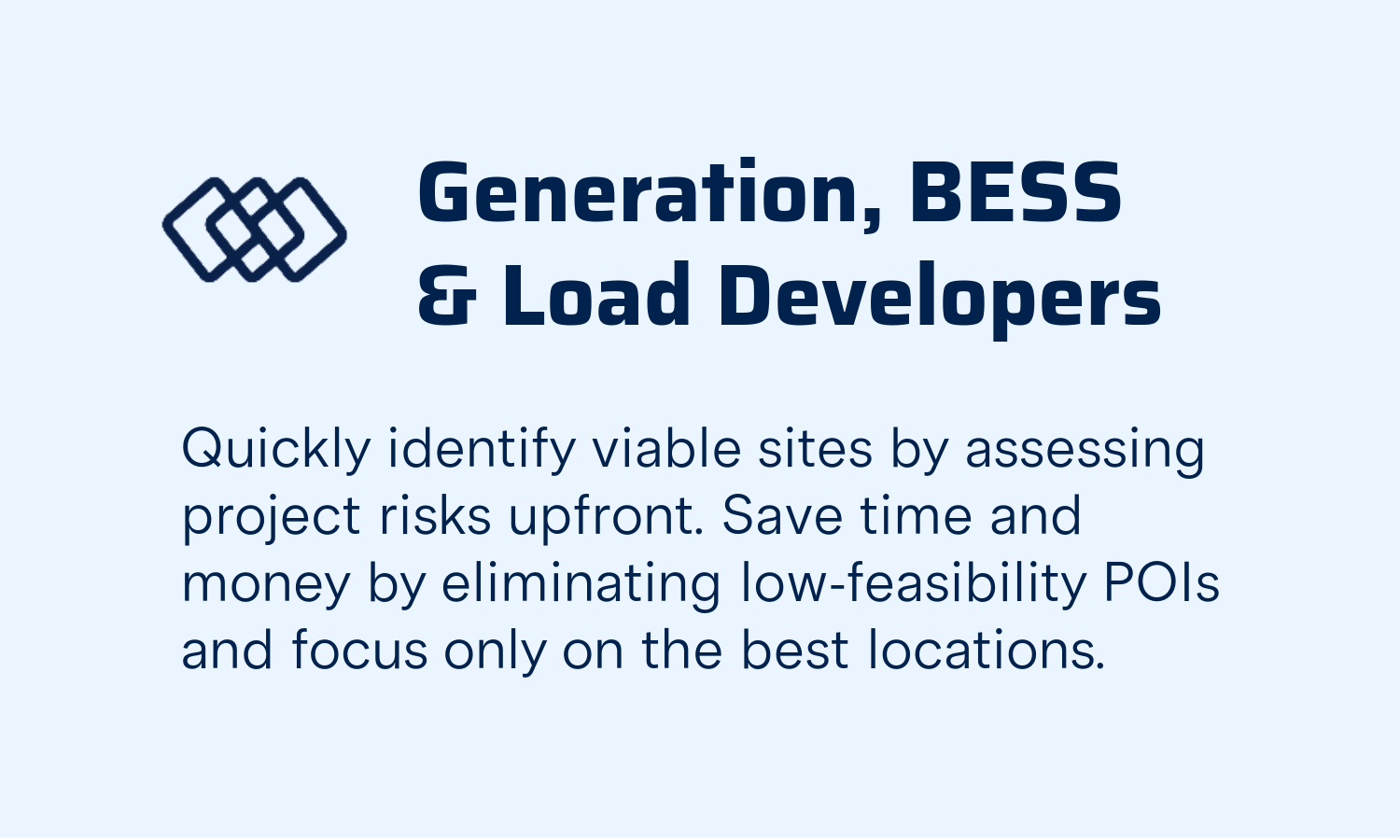 Slide with title 'Generation, BESS & Load Developers' and a logo on the left. The slide text highlights assessing project risks upfront to identify viable sites, saving time and money by focusing on the best locations.