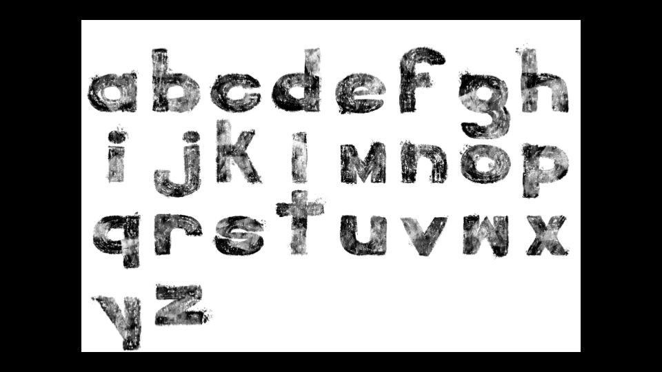 Sketch of lower typeface using Black Burn and Rectango brushes on Procreate.