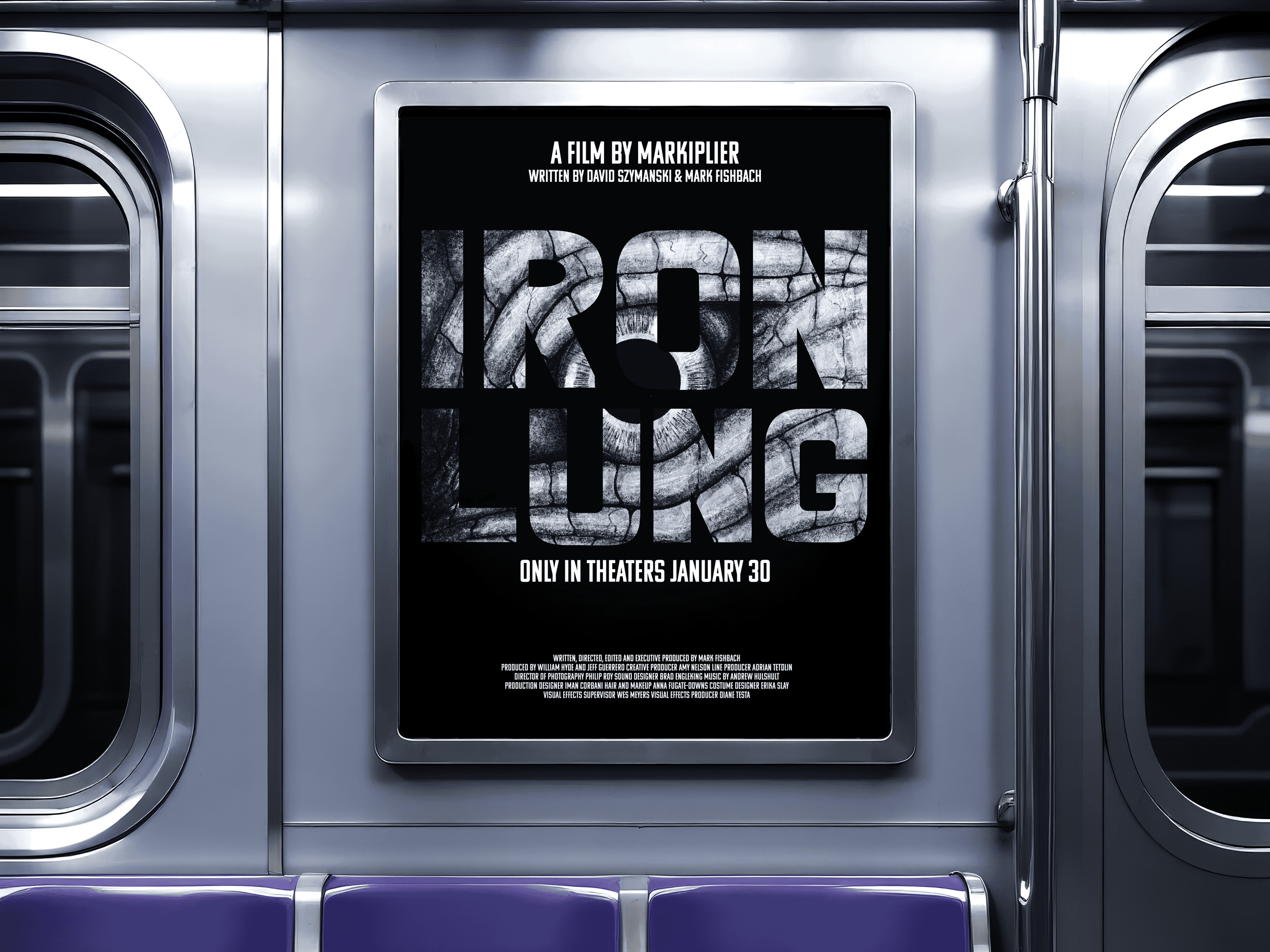 Mock-up of a poster framed up inside a train wall between two windows.