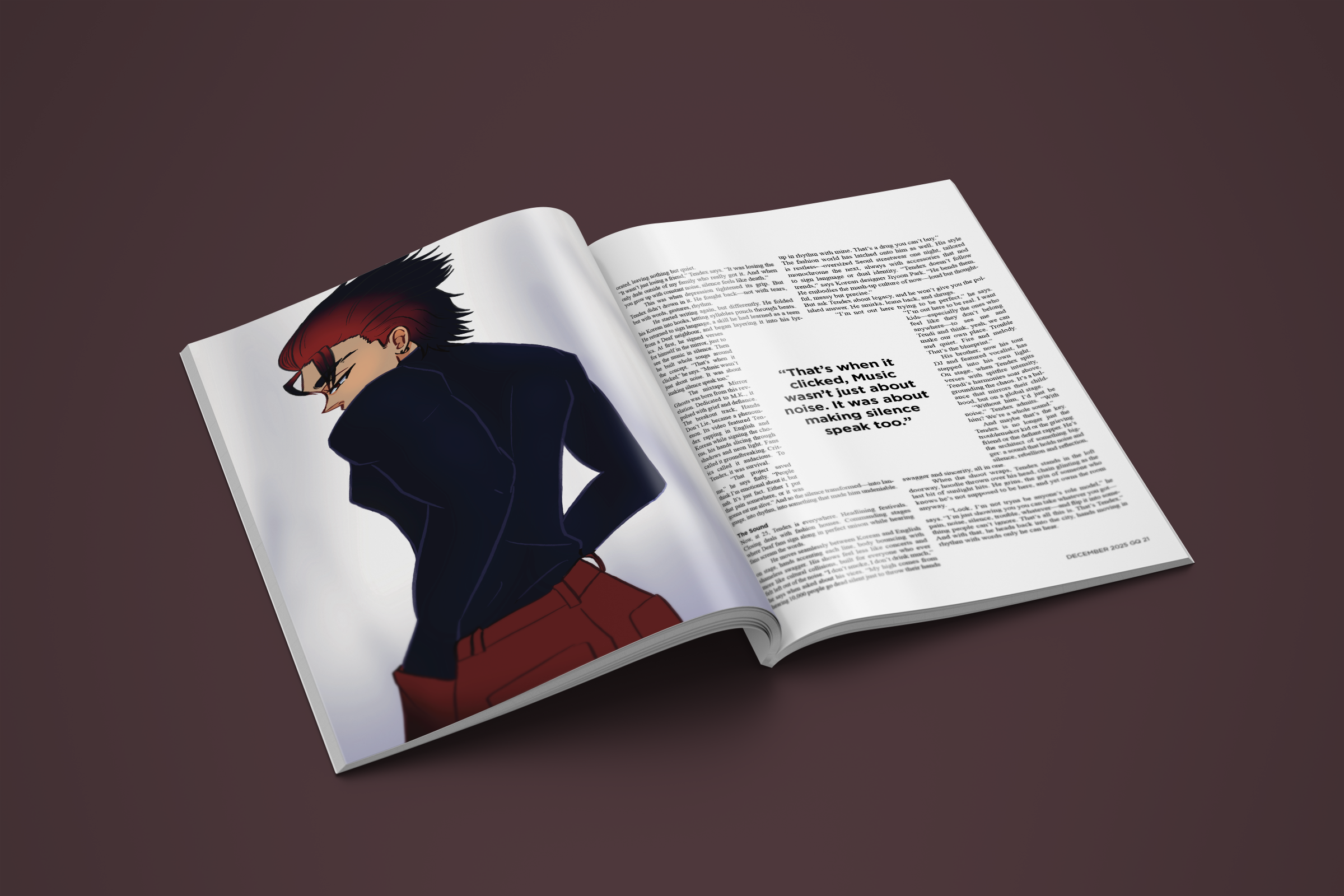 Mock-up of inside magazine, showing an illustration on the left-hand side and text layout on the right.