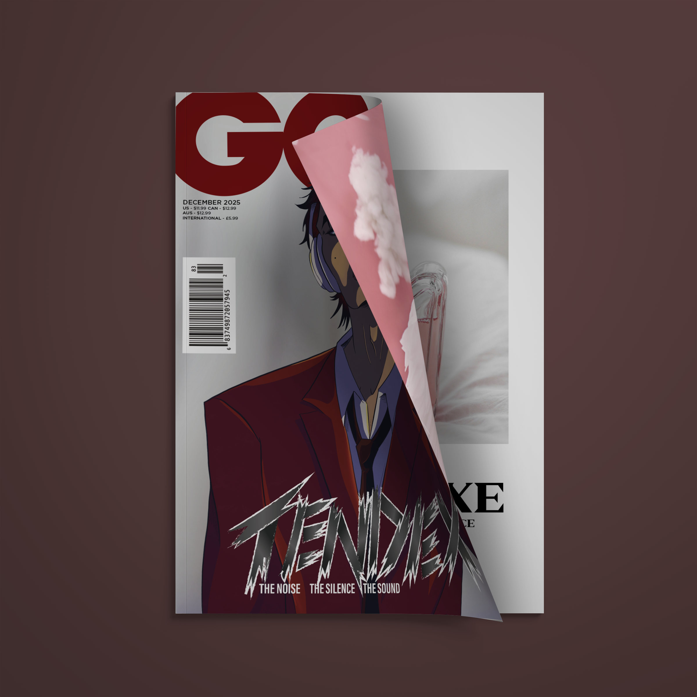 Mock-up of GQ magazine partially opened showing Prada ad within.